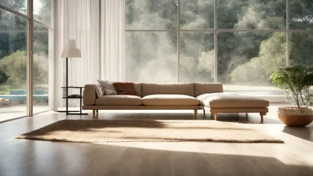 a sparkling clean living room with a comfortable couch, shiny floor, and a large window letting in sunlight.