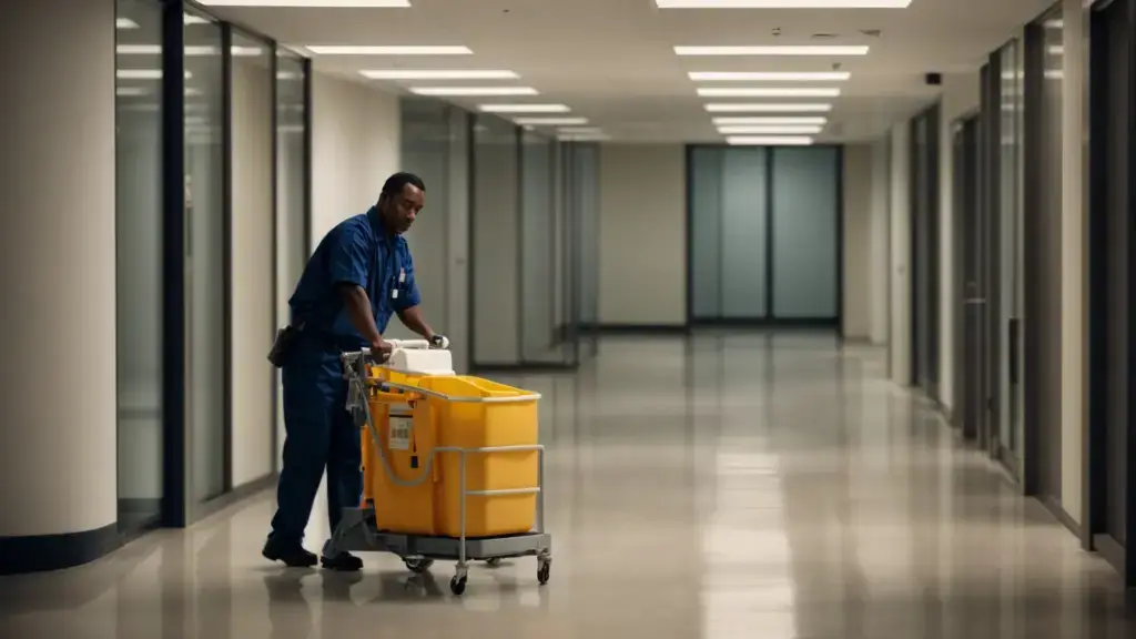 a janitor pushing a cleaning cart down an empty office corridor, illuminated by the soft glow of overhead lights.