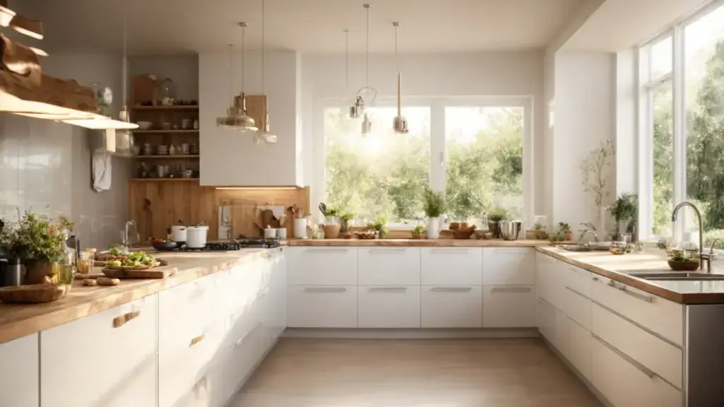 a sparkling clean, eco-friendly kitchen with sunlight streaming through the window onto the gleaming surfaces.