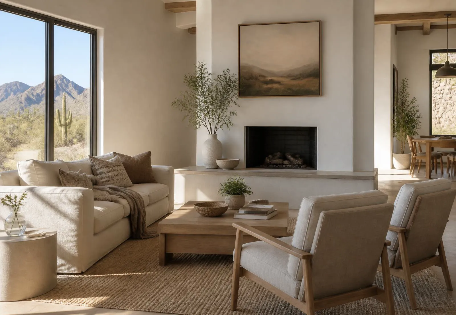 Bright, freshly cleaned Tucson living room with desert views